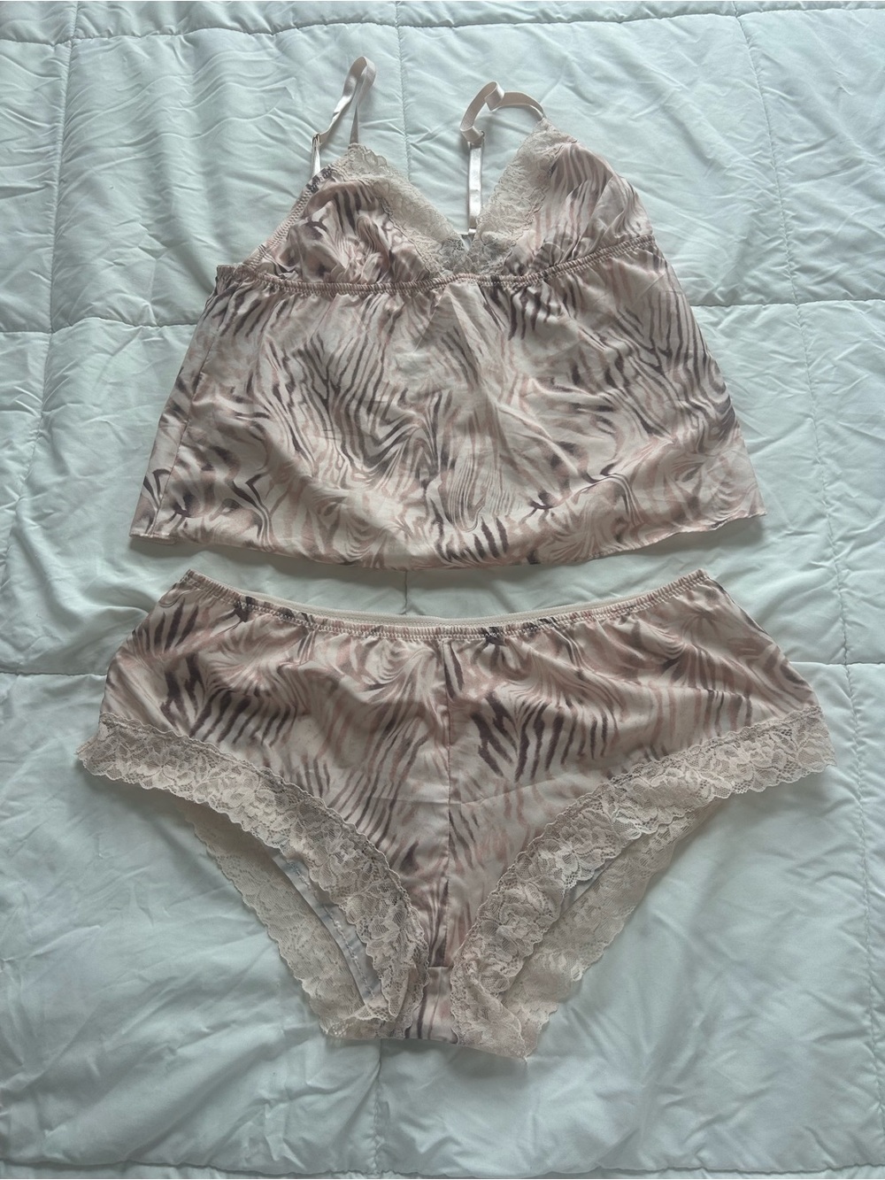 Silky Lace-Trim Cami & Brief Set in Blush Zebra Print